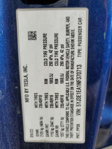 5YJ3E1EA1NF370713 - 2022 TESLA MODEL 3 BLUE photo 12