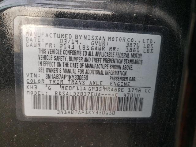 3N1AB7AP1KY330650 - 2019 NISSAN SENTRA S BLACK photo 12