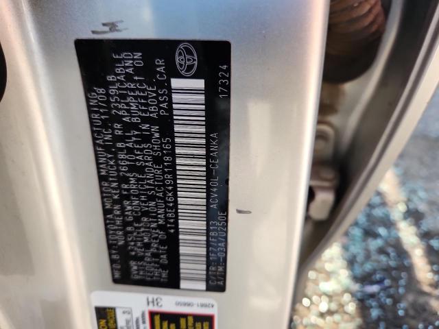 4T4BE46K49R118165 - 2009 TOYOTA CAMRY BASE 银色 照片 12