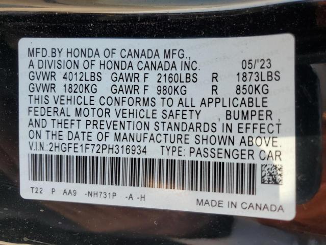 2HGFE1F72PH316934 - 2023 HONDA CIVIC EX BLACK photo 12