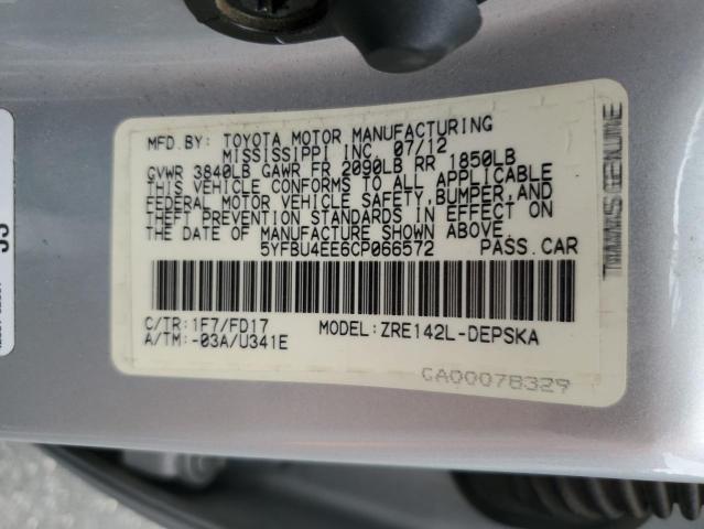 5YFBU4EE6CP066572 - 2012 TOYOTA COROLLA BASE Күміс фото 12