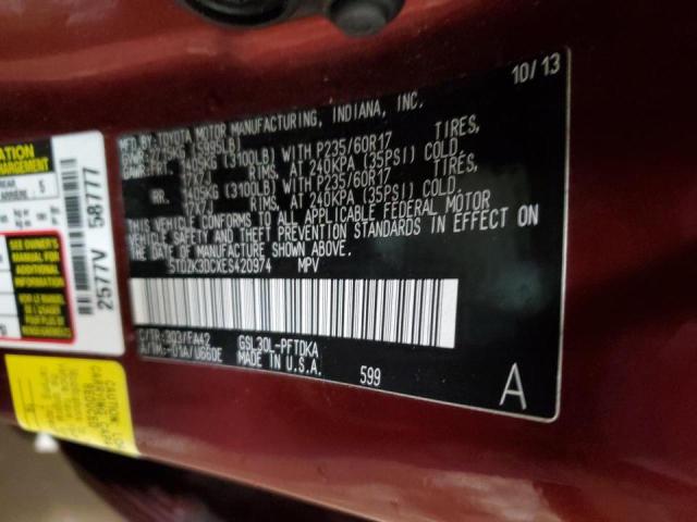 5TDZK3DCXES420974 - 2014 TOYOTA SIENNA MAROON photo 14