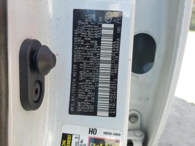 2T1BURHE5GC619243 - 2016 TOYOTA COROLLA L 白色 照片 12