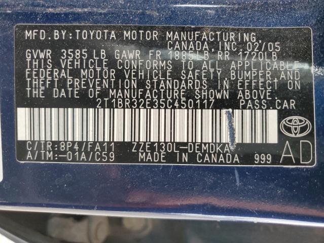 2T1BR32E35C450117 - 2005 TOYOTA COROLLA CE BLUE photo 12