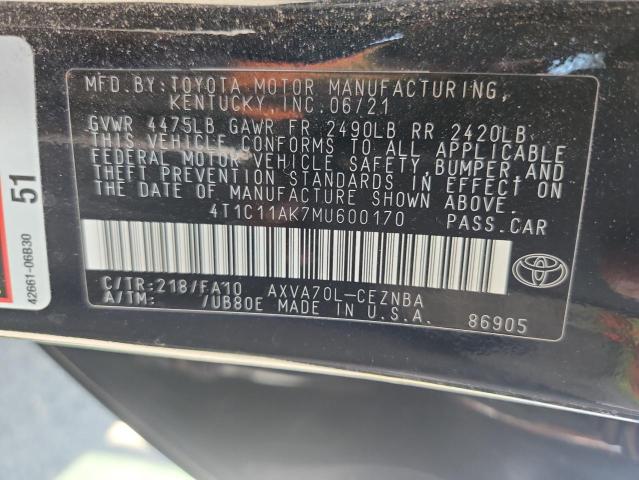 4T1C11AK7MU600170 - 2021 TOYOTA CAMRY LE BLACK photo 12