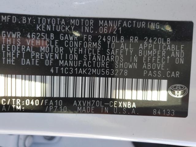 4T1C31AK2MU563278 - 2021 TOYOTA CAMRY LE WHITE photo 13