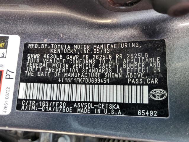 4T1BF1FK7DU699451 - 2013 TOYOTA CAMRY L GRAY photo 12