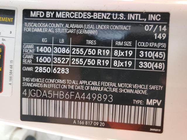 4JGDA5HB6FA449893 - 2015 MERCEDES-BENZ ML 350 4MATIC WHITE photo 13