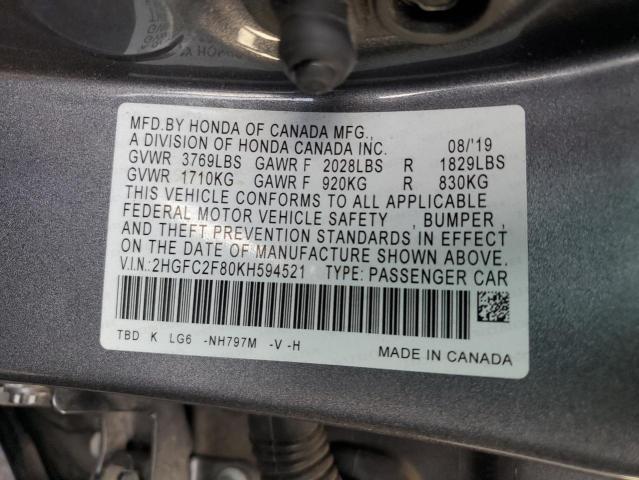 2HGFC2F80KH594521 - 2019 HONDA CIVIC SPORT 灰色 照片 12