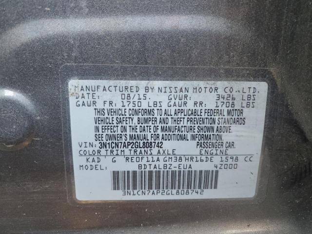 3N1CN7AP2GL808742 - 2016 NISSAN VERSA S GRAY photo 12