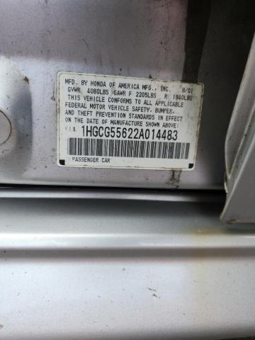 1HGCG55622A014483 - 2002 HONDA ACCORD EX SILVER photo 12