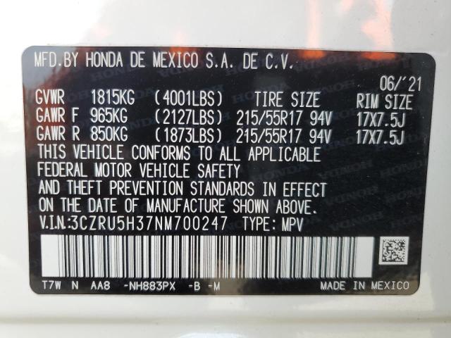 3CZRU5H37NM700247 - 2022 HONDA HR-V LX WHITE photo 13