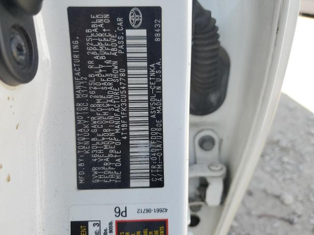 4T1BF1FK3CU547780 - 2012 TOYOTA CAMRY BASE Beyaz fotoğraf 12