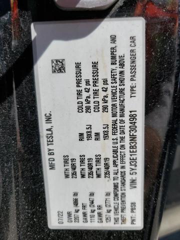 5YJ3E1EB3NF304981 - 2022 TESLA MODEL 3 Noir photo 13