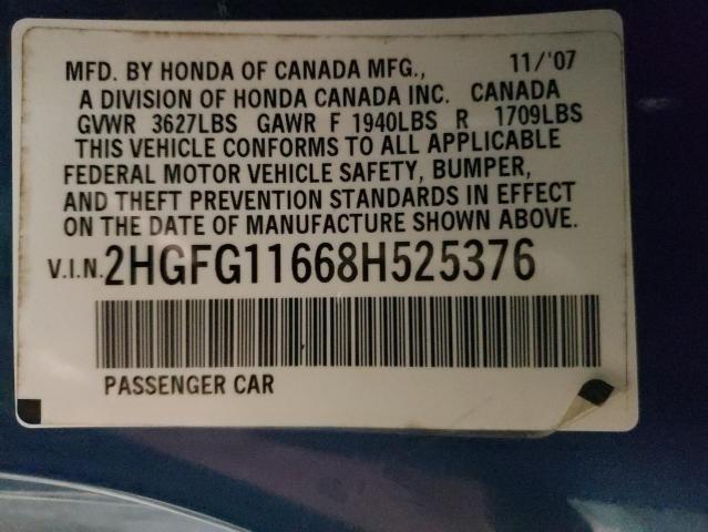 2HGFG11668H525376 - 2008 HONDA CIVIC LX BLUE photo 12