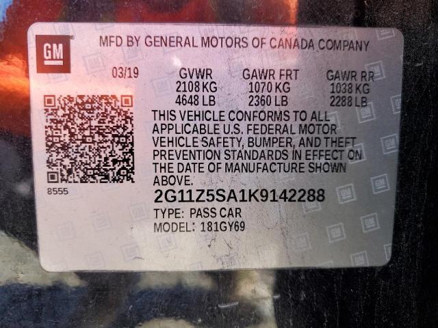 2G11Z5SA1K9142288 - 2019 CHEVROLET IMPALA LT BLACK photo 12