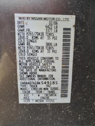 1N6BA07A16N549185 - 2006 NISSAN TITAN XE GRAY photo 13