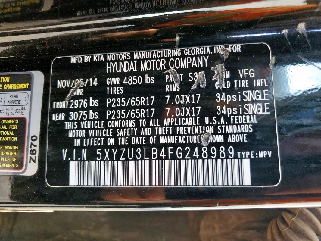 5XYZU3LB4FG248989 - 2015 HYUNDAI SANTA FE S BLACK photo 13