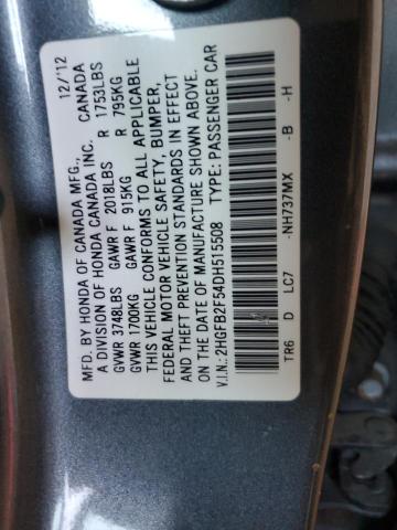 2HGFB2F54DH515508 - 2013 HONDA CIVIC LX Szary zdjęcie 12