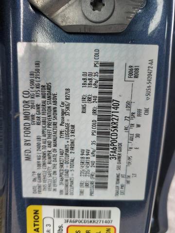 3FA6P0CD5KR271407 - 2019 FORD FUSION SEL BLUE photo 12