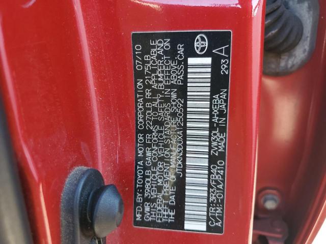 JTDKN3DUXA1250592 - 2010 TOYOTA PRIUS წითელი ფოტო 12