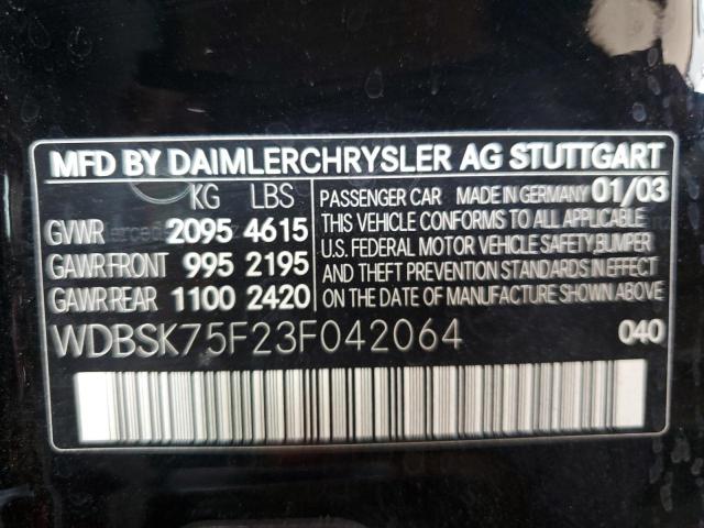 WDBSK75F23F042064 - 2003 MERCEDES-BENZ SL 500R Czarny zdjęcie 12
