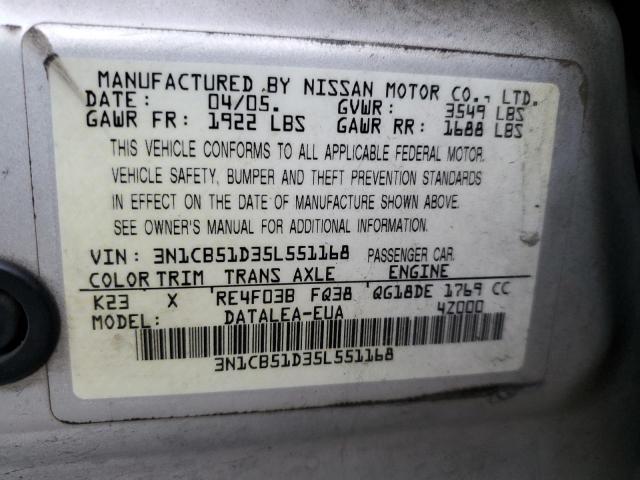 3N1CB51D35L551168 - 2005 NISSAN SENTRA 1.8 SILVER photo 12