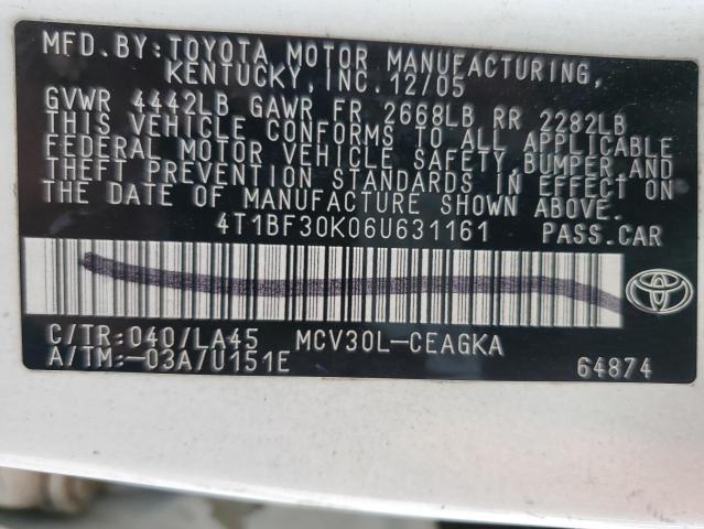 4T1BF30K06U631161 - 2006 TOYOTA CAMRY LE WHITE photo 12