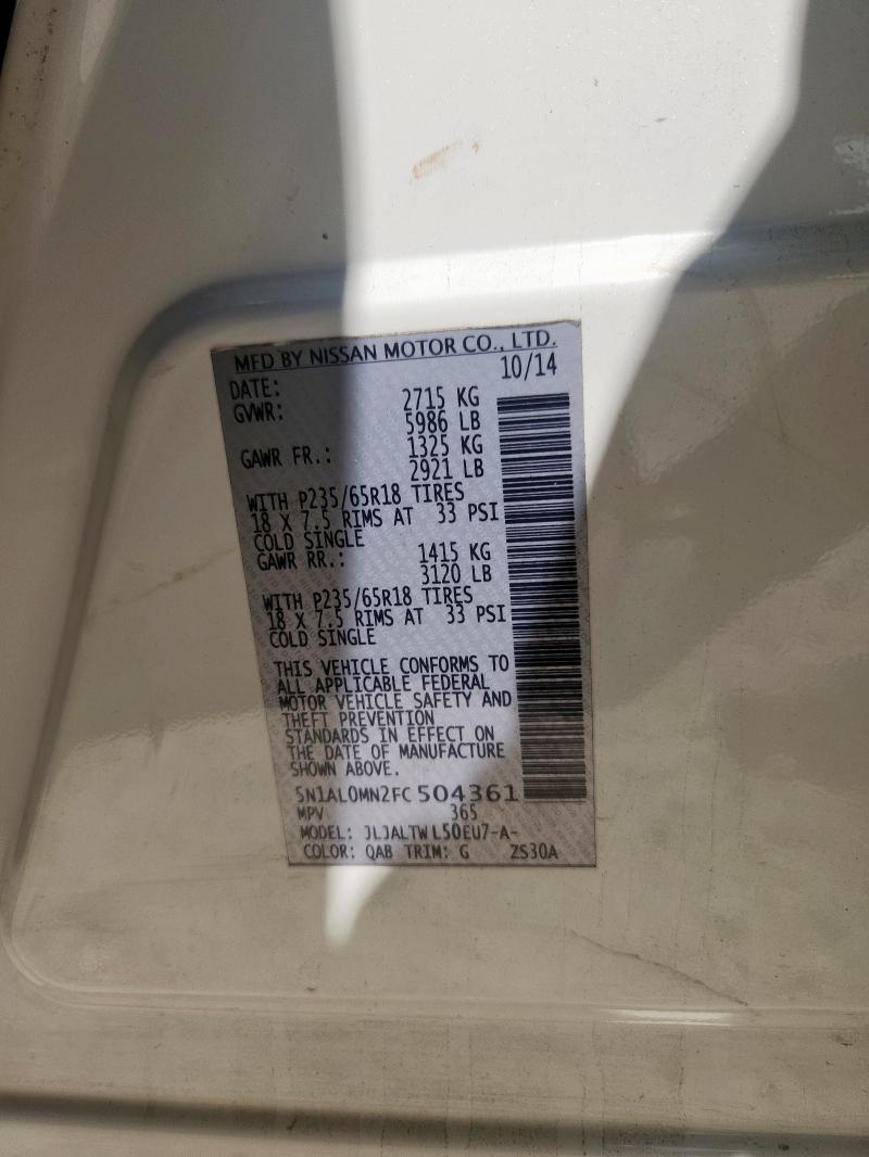 5N1AL0MN2FC504361 - 2015 INFINITI QX60 WHITE photo 14