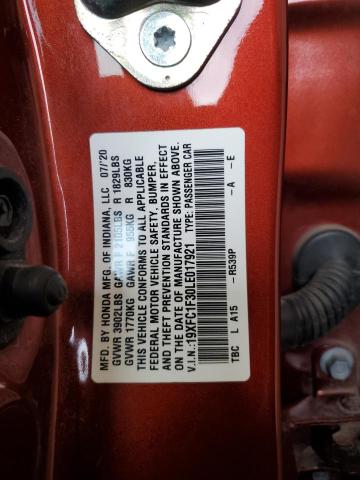 19XFC1F30LE017921 - 2020 HONDA CIVIC EX Qırmızı foto 12