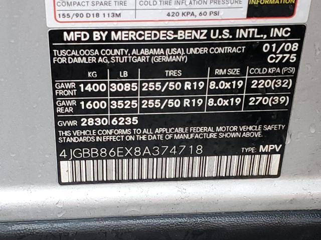 4JGBB86EX8A374718 - 2008 MERCEDES-BENZ ML 350 SILVER photo 12