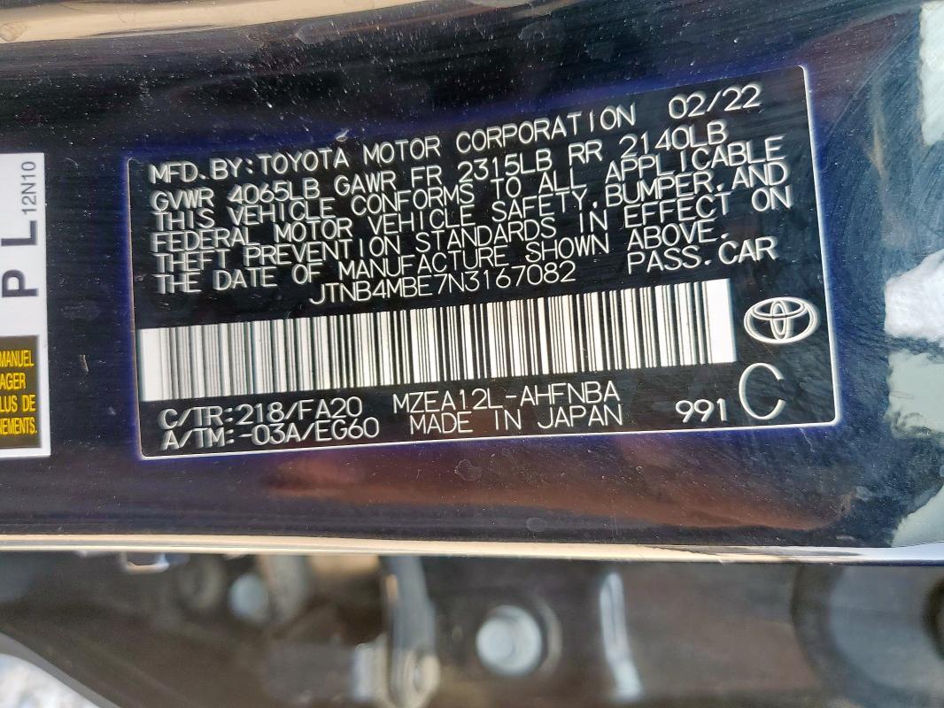 JTNB4MBE7N3167082 - 2022 TOYOTA COROLLA SE Қара фото 12