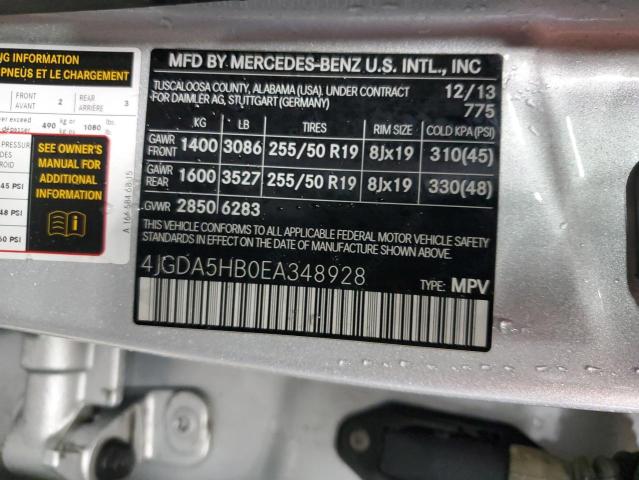 4JGDA5HB0EA348928 - 2014 MERCEDES-BENZ ML 350 4MATIC SILVER photo 12