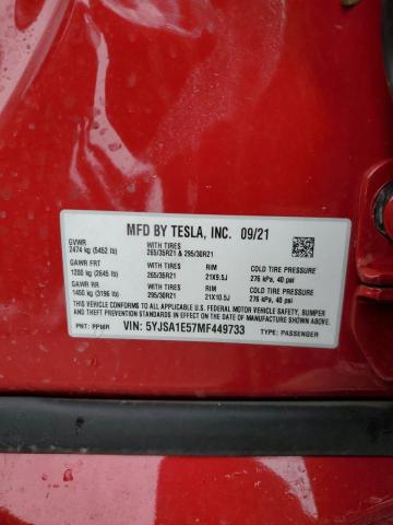 5YJSA1E57MF449733 - 2021 TESLA MODEL S Qırmızı foto 12