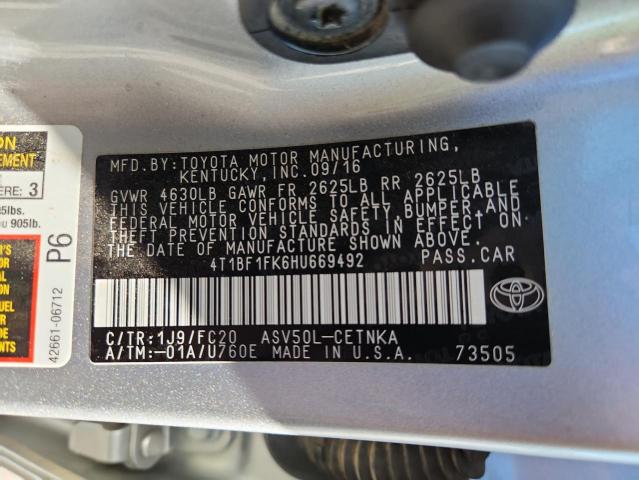 4T1BF1FK6HU669492 - 2017 TOYOTA CAMRY LE 银色 照片 12
