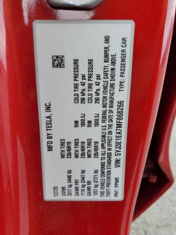 5YJ3E1EA7MF868266 - 2021 TESLA MODEL 3 RED photo 12