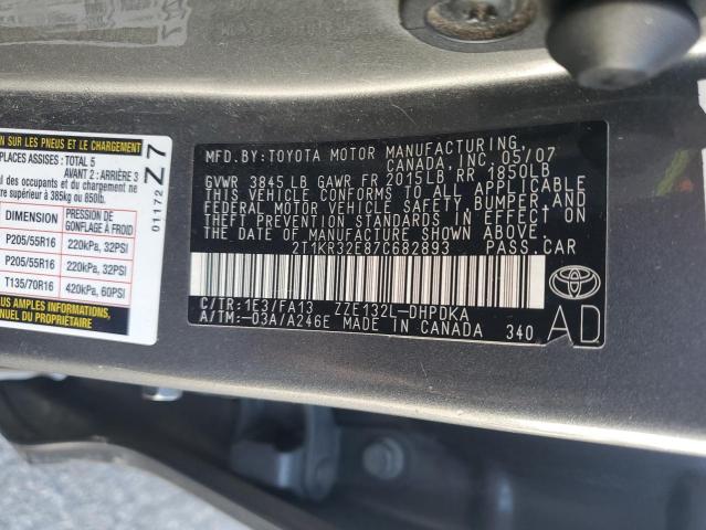 2T1KR32E87C682893 - 2007 TOYOTA COROLLA MA XR CHARCOAL photo 12