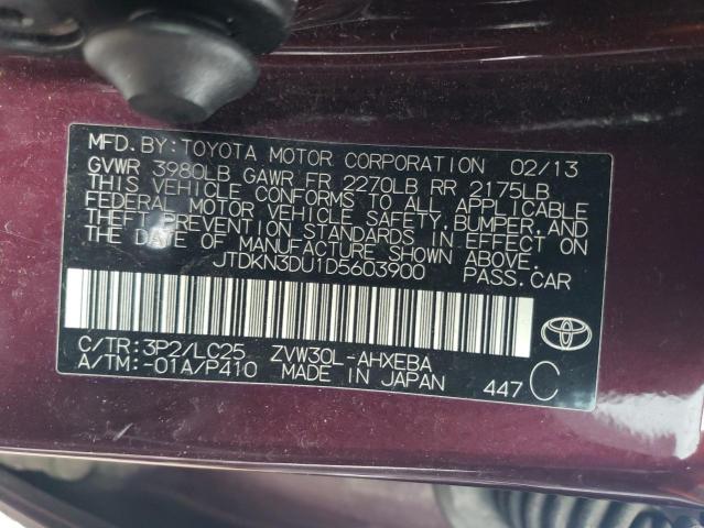 JTDKN3DU1D5603900 - 2013 TOYOTA PRIUS MAROON photo 12