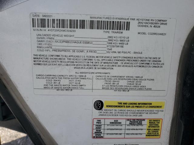 4YDT25R2XMC509233 - 2021 KEYSTONE COUGAR Ağ foto 10