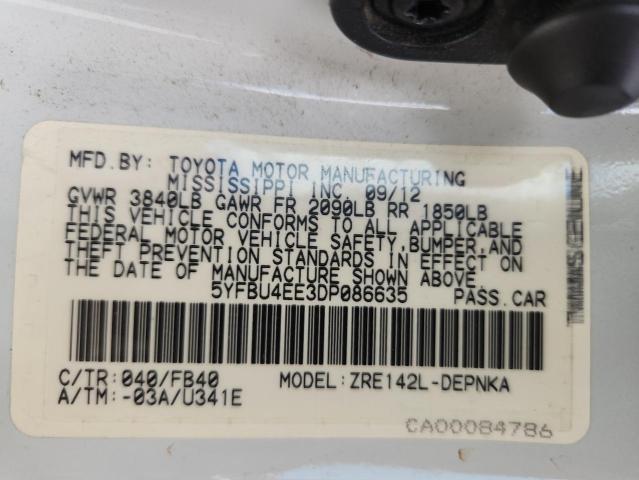 5YFBU4EE3DP086635 - 2013 TOYOTA COROLLA BASE WHITE photo 12