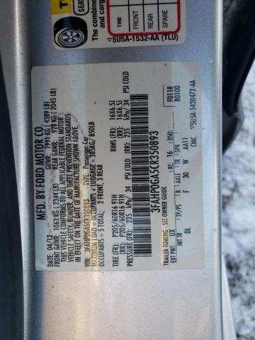 3FAHP0GA5CR350893 - 2012 FORD FUSION S SILVER photo 12