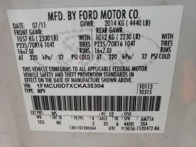 1FMCU0D7XCKA35304 - 2012 FORD ESCAPE XLT WHITE photo 13