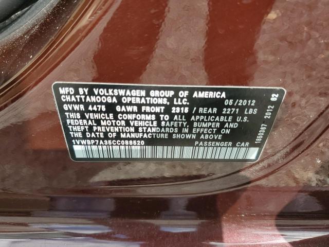 1VWBP7A35CC088520 - 2012 VOLKSWAGEN PASSAT SE მუქწითელი ფოტო 12