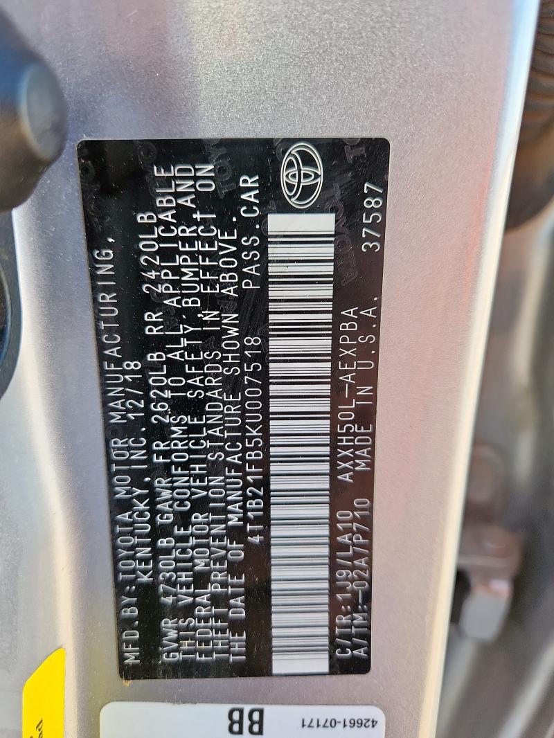 4T1B21FB5KU007518 - 2019 TOYOTA AVALON XLE 银色 照片 12