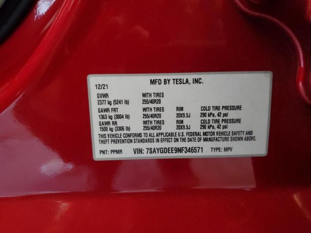 7SAYGDEE9NF346571 - 2022 TESLA MODEL Y RED photo 13