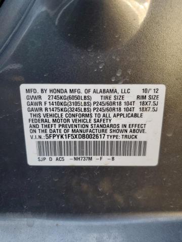 5FPYK1F5XDB002617 - 2013 HONDA RIDGELINE RTL GRAY photo 12