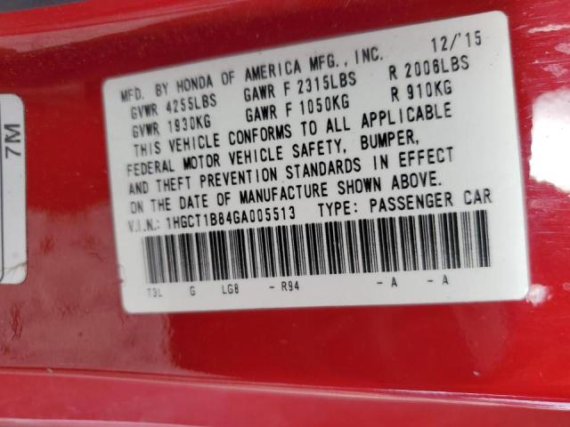 1HGCT1B84GA005513 - 2016 HONDA ACCORD EXL RED photo 12