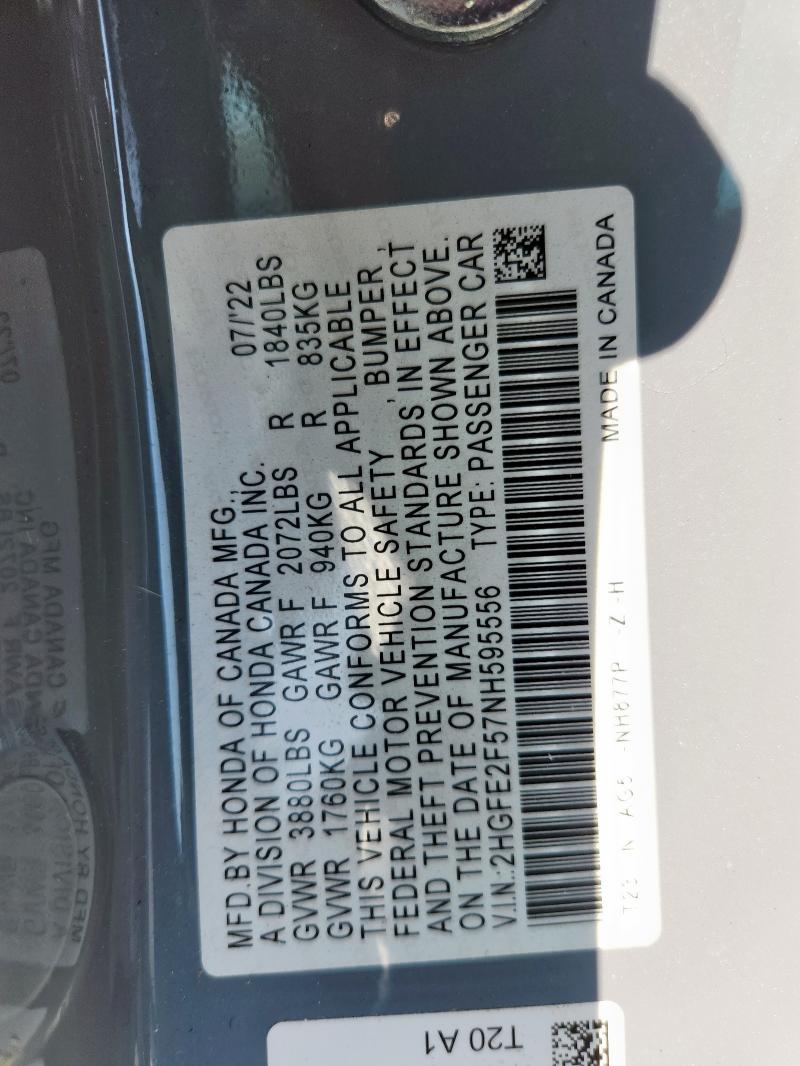 2HGFE2F57NH595556 - 2022 HONDA CIVIC SPORT Grau Foto 13