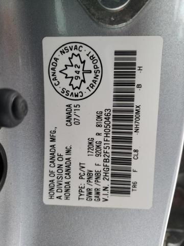 2HGFB2F51FH050463 - 2015 HONDA CIVIC LX SILVER photo 12