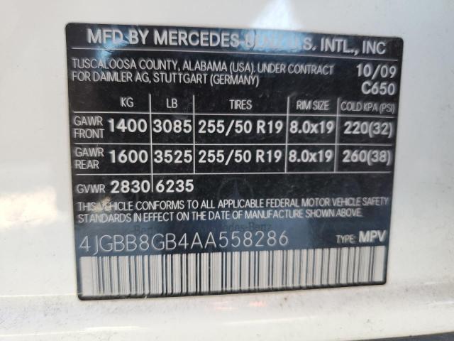 4JGBB8GB4AA558286 - 2010 MERCEDES-BENZ ML 350 4MATIC WHITE photo 12